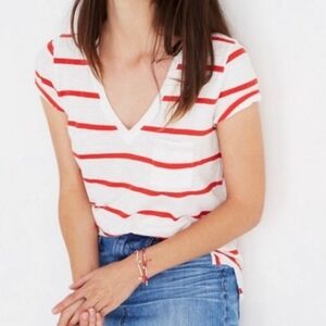 Madewell stripe cotton pocket tee top red white v-neck xs